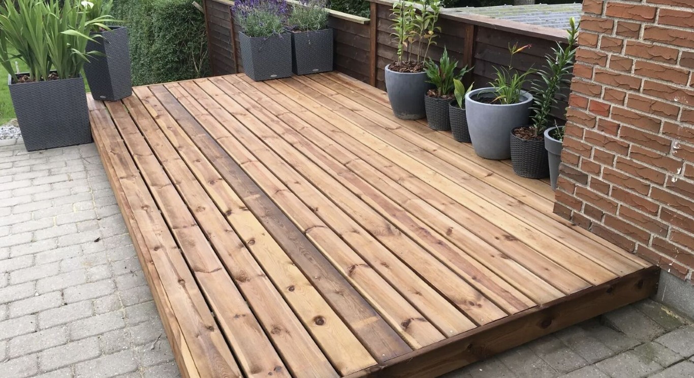 Natural wood deck with curved design in Hawthorne residential backyard
